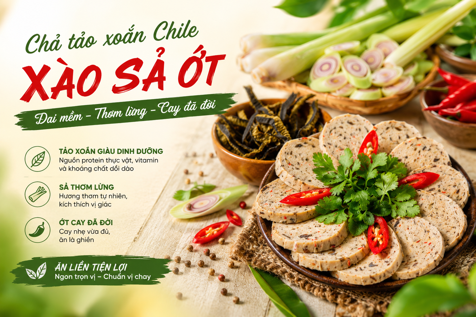 🌿 Chả Tảo Xoắn Chile Xào Sả Ớt – Khi Biển Sâu Bước Vào Căn Bếp Việt