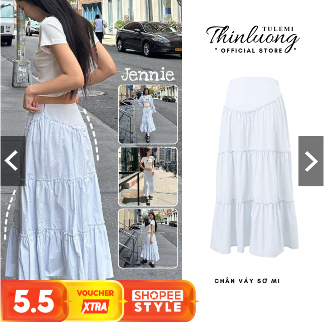 Chân váy sơ mi Jennie và áo thun cotton
