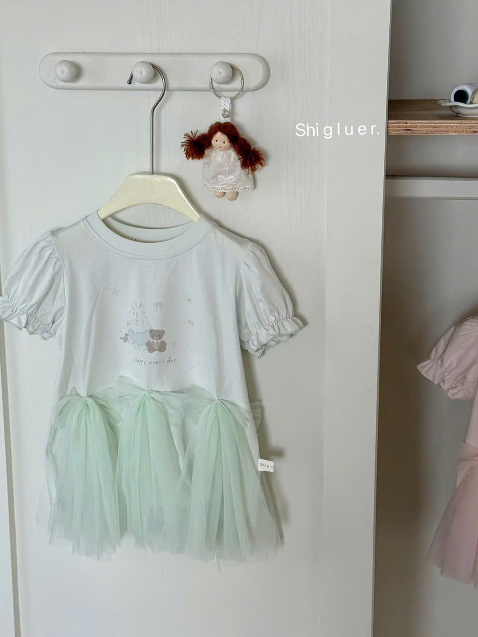 SG01 - Áo thun tay bồng đính nơ voan hãng SG 2 màu xanh hồng