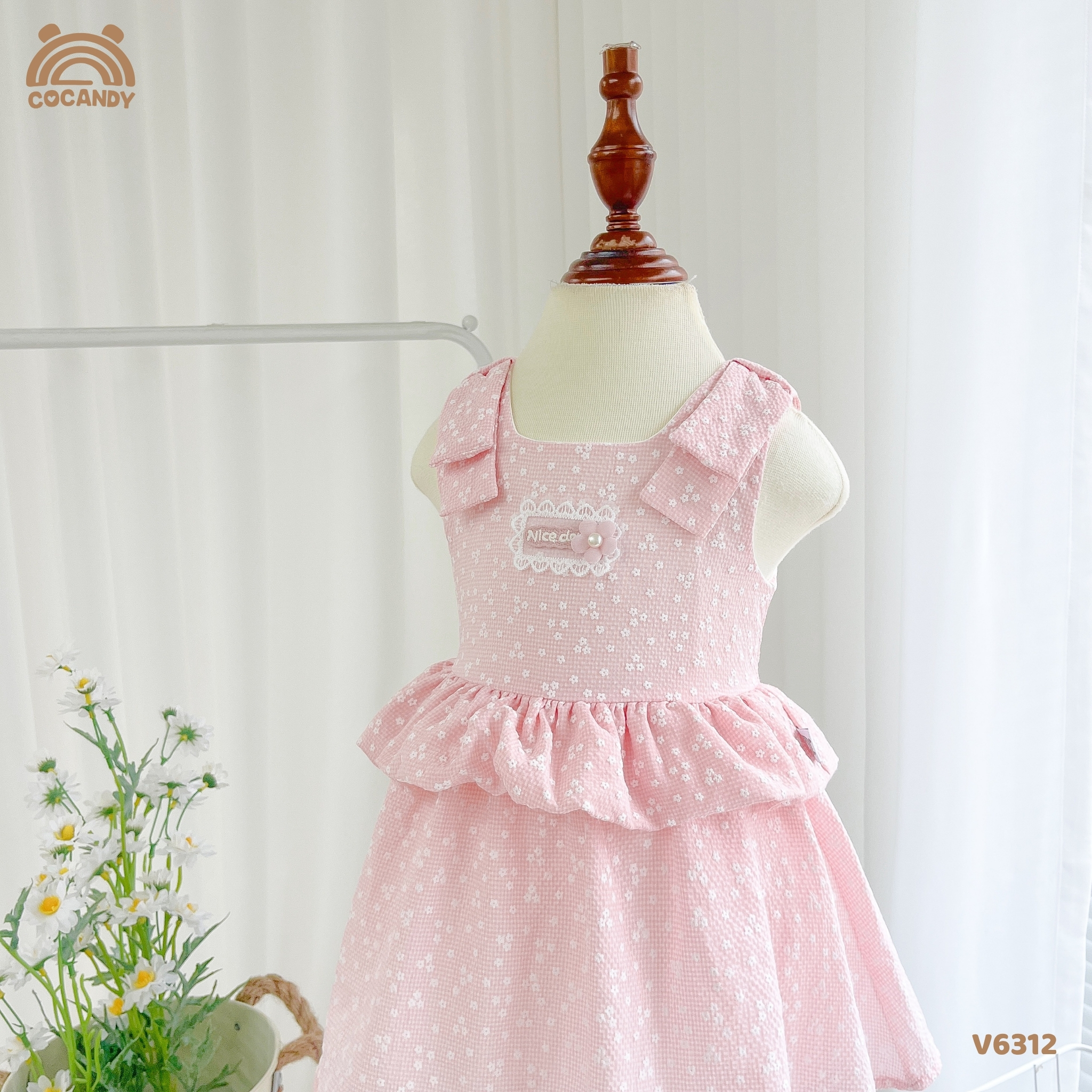 Váy 2 dây HỒNG nơ vai nhún eo tag hoa CCD_thumbnail_1