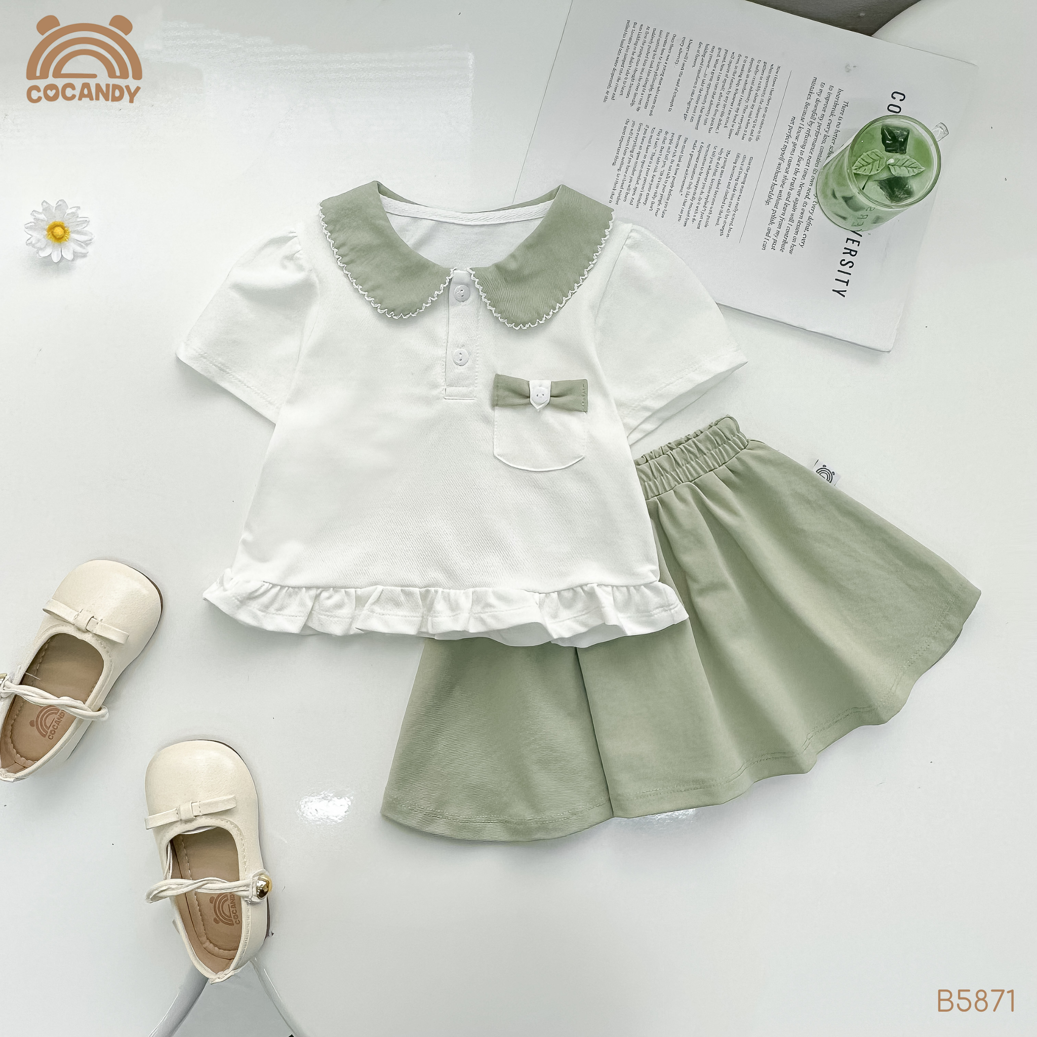 Bộ cộc XANH BƠ túi ngực nơ chân váy tennis