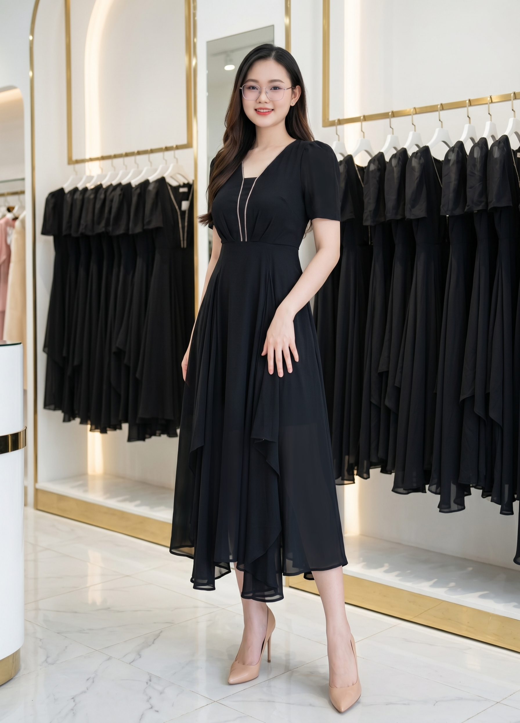 Đầm xòe thiết kế tay con cổ V phối đá