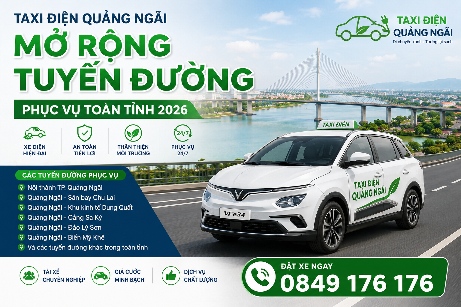 Taxi Điện Quảng Ngãi Chính Thức Mở Rộng Tuyến Đường Toàn Tỉnh 2026