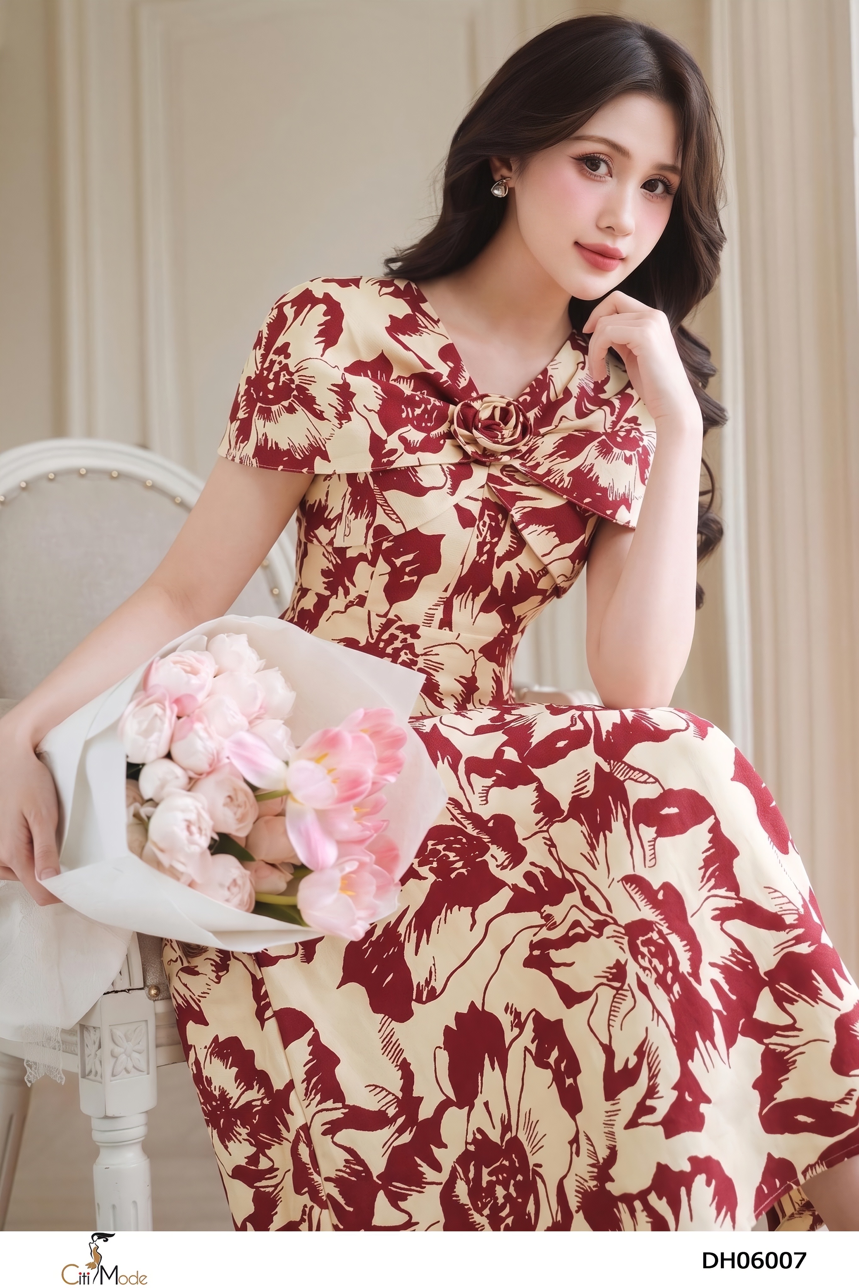 Đầm xòe hoa đỏ vai cách điệu nhún ngực cổ V hoa_thumbnail_8