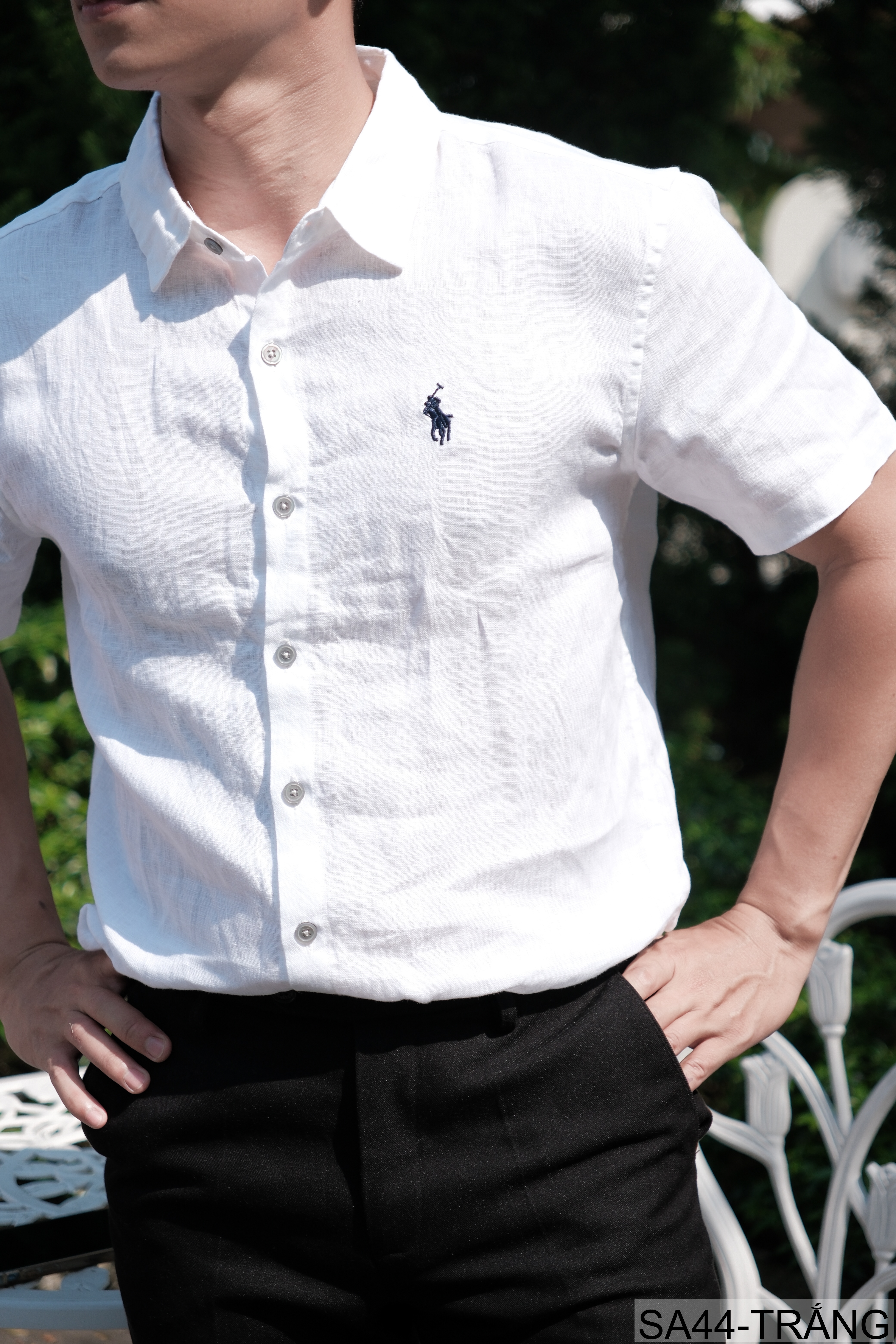SA44 - Áo sơ mi nam tay ngắn vải lanh thoáng mát phong cách Nhật, cổ lật thêu logo nhỏ_thumbnail_4