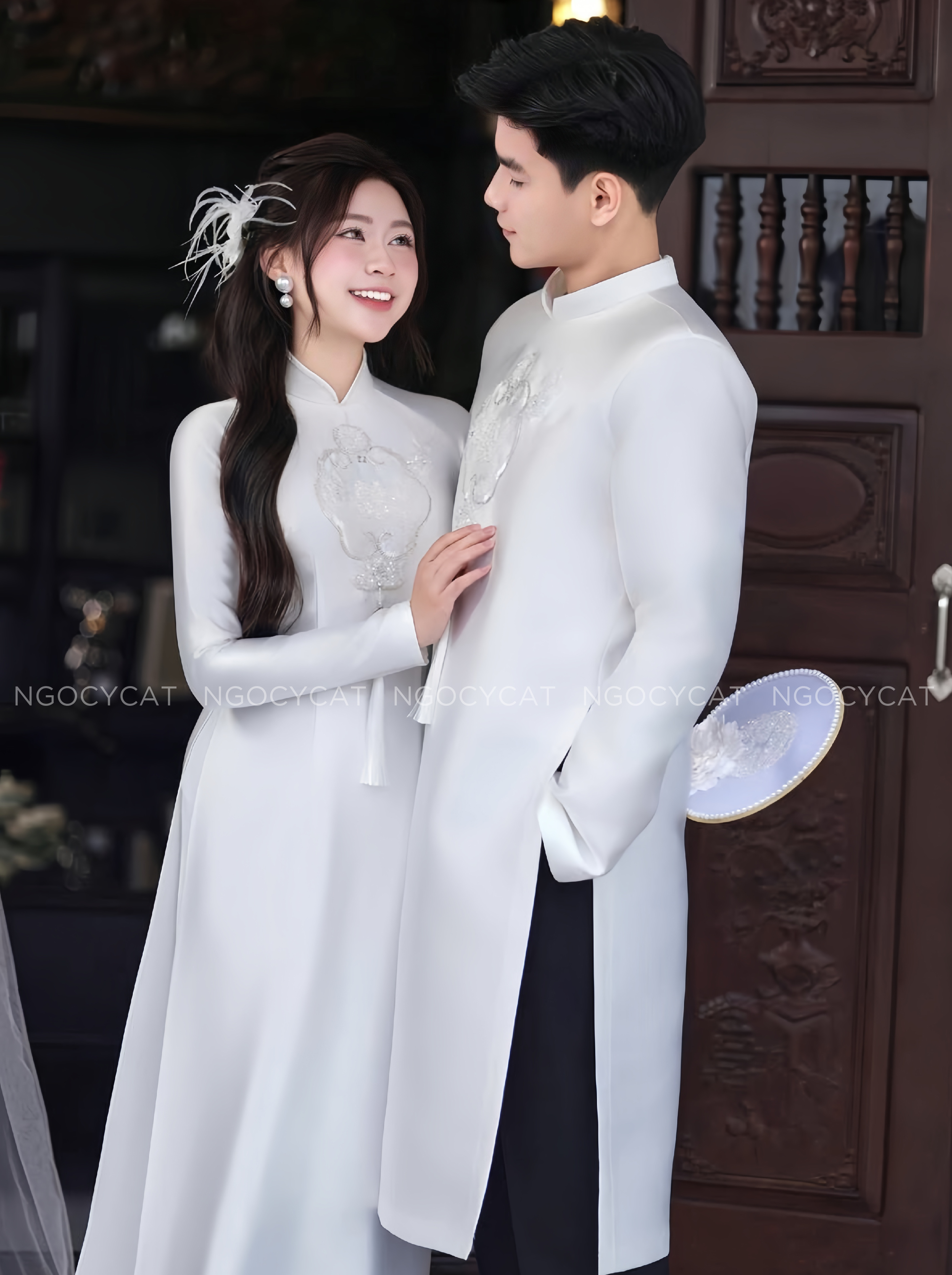 Áo Dài Dâu Rể Trắng Hỷ Viên Mãn