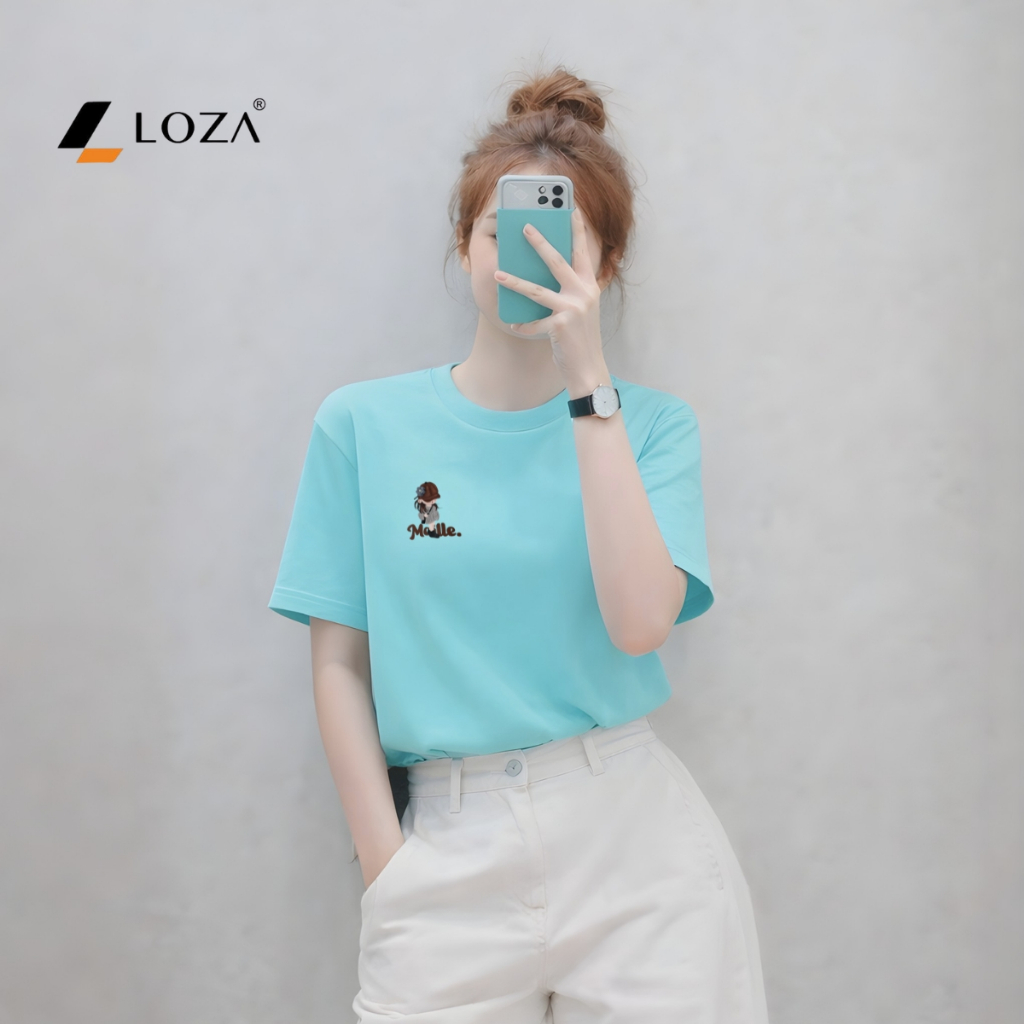 [Form rộng] Áo phông nữ màu xanh ngọc in nhiều hình xinh dễ mặc - Loza G0455