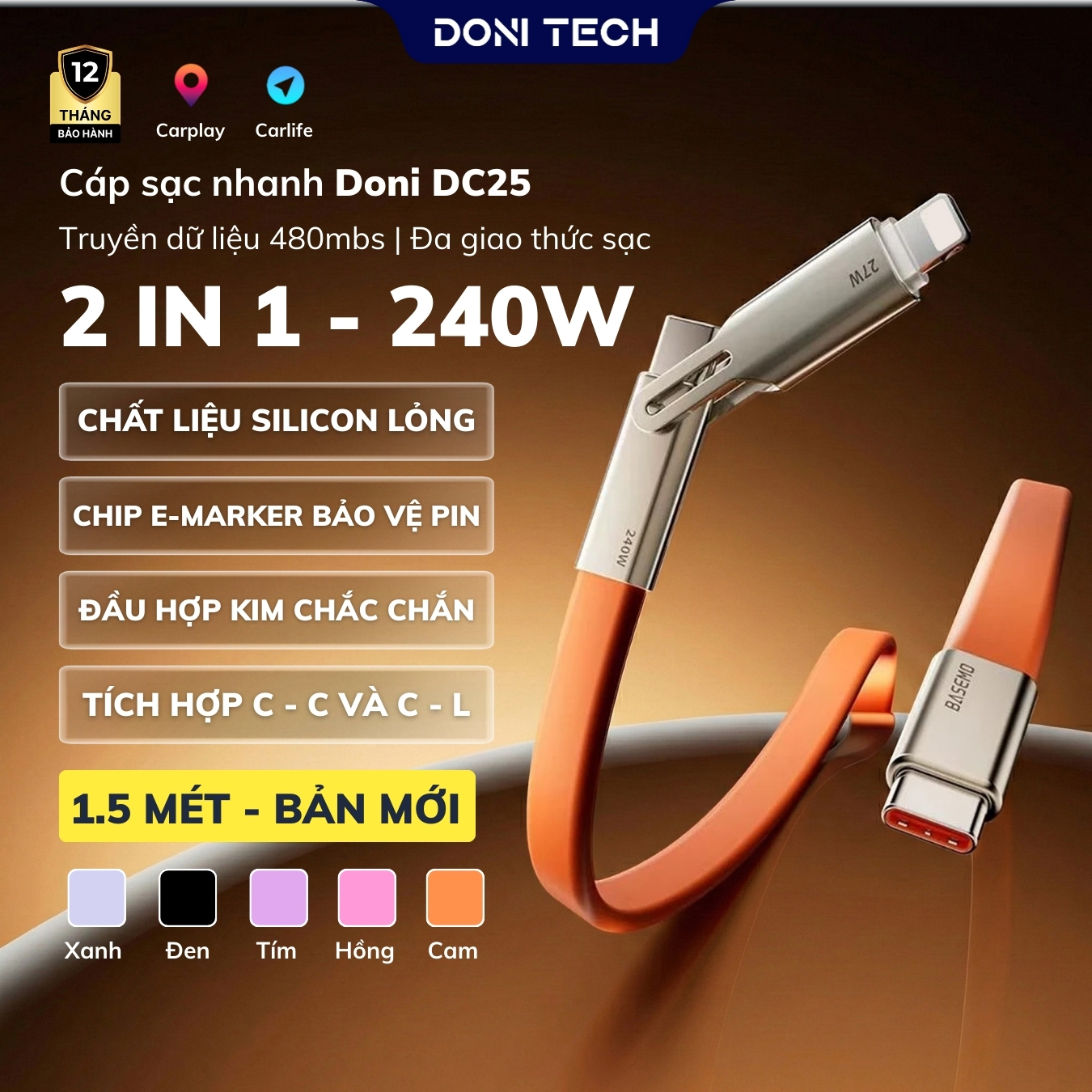 Cáp sạc nhanh DC25 240W thiết kế 2 in 1 dạng dẹt_thumbnail_1