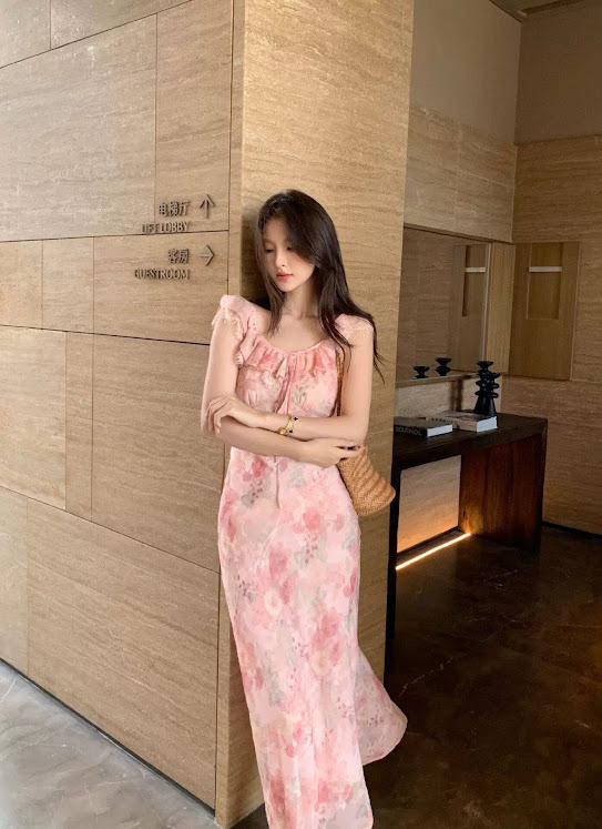 Lucas - Váy hoa lụa cổ vuông phối viền bèo dáng dài chân xòe nhẹ 0008_thumbnail_3