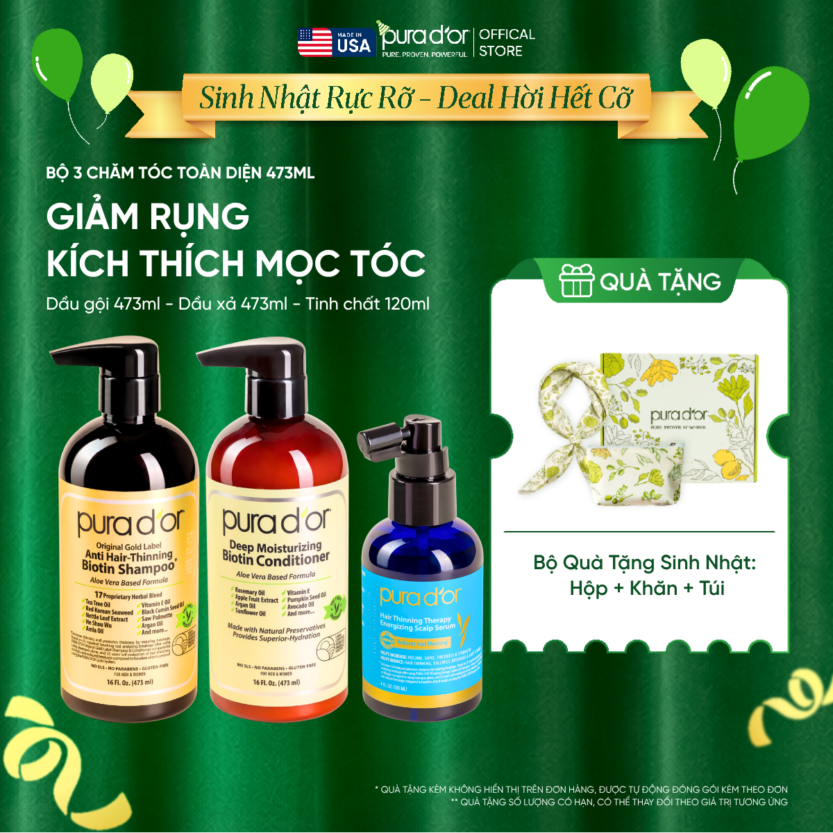 [Box Nâng Chuẩn Chắc Khỏe] Bộ Gội Xả Tinh Chất Hữu Cơ Mọc Tóc, Giảm Rụng Tóc, chăm sóc tóc toàn diện Pura D'or 473ml