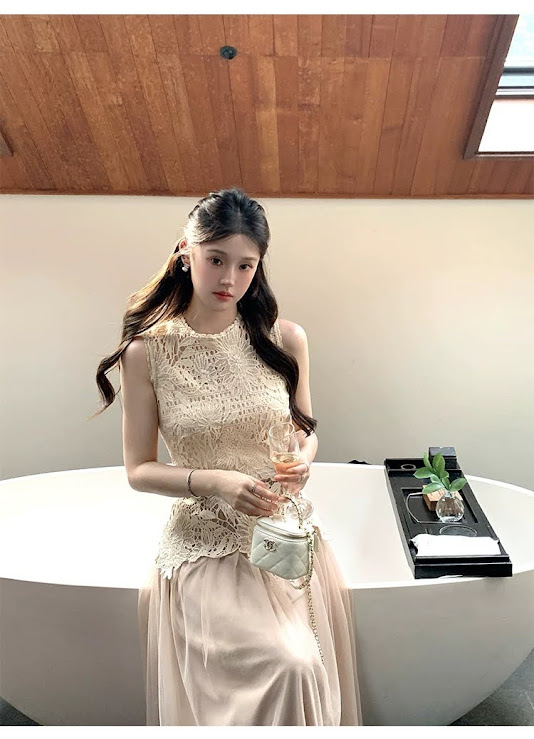 Lucas - Set áo zile ren hoa nổi + chân váy voan xòe dáng dài YJIA 3389_thumbnail_3