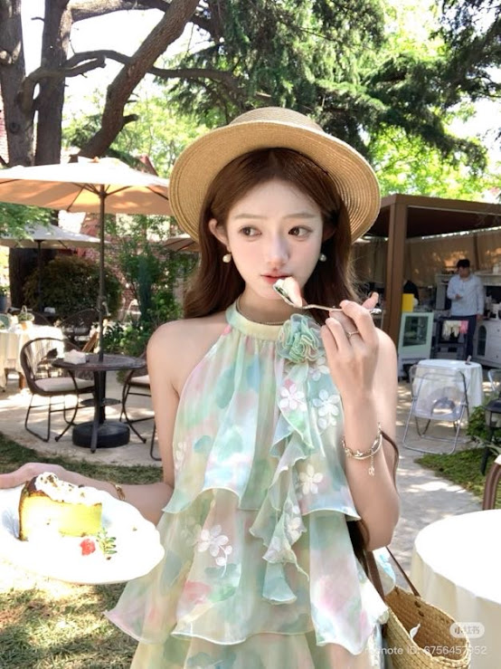 Lucas - Váy hoa yếm dáng ngắn xòe nhiều tầng đính nơ hoa ở cổ