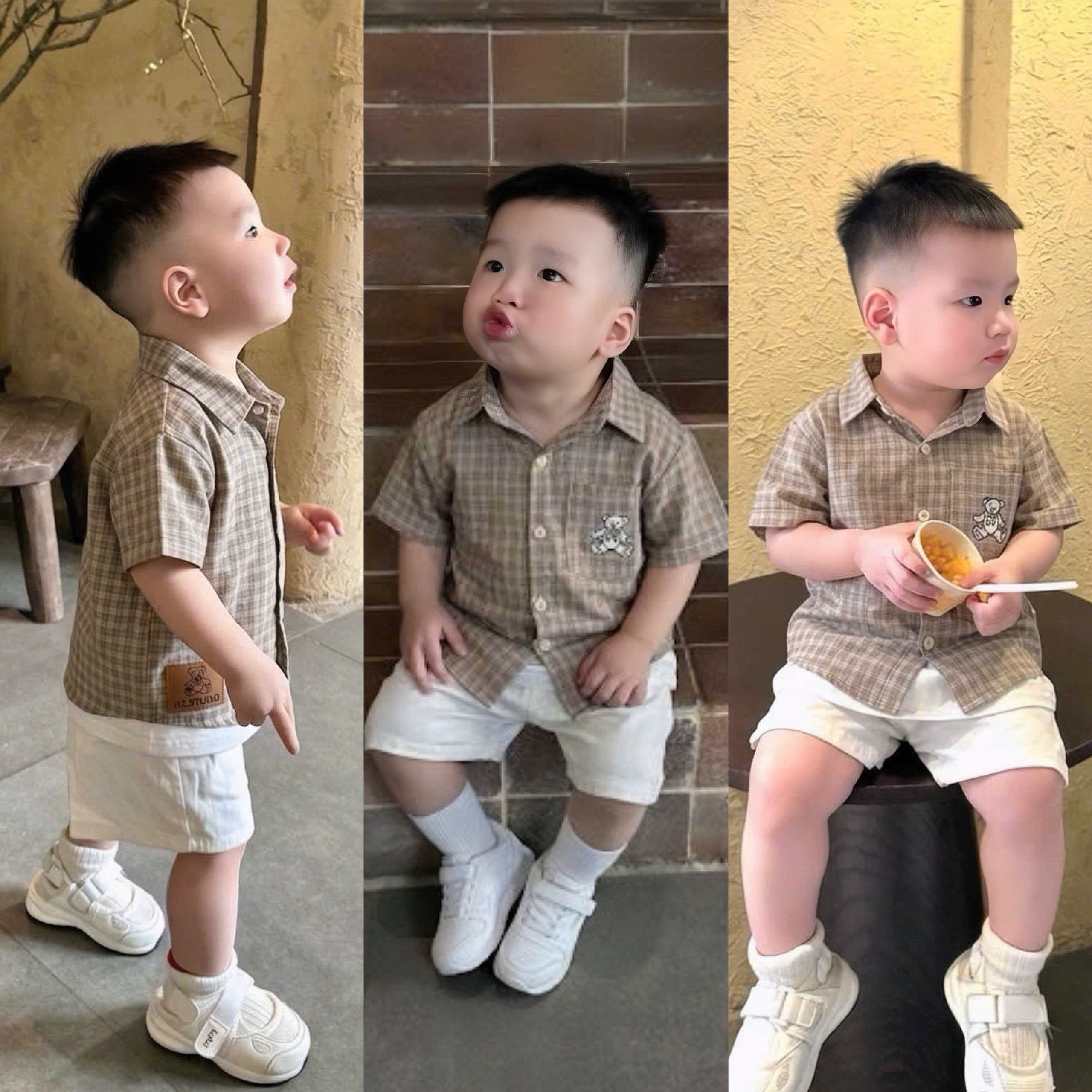 A26 BỘ SƠ MI CARO NÂU GẤU THÊU Ở TÚI- A108.331