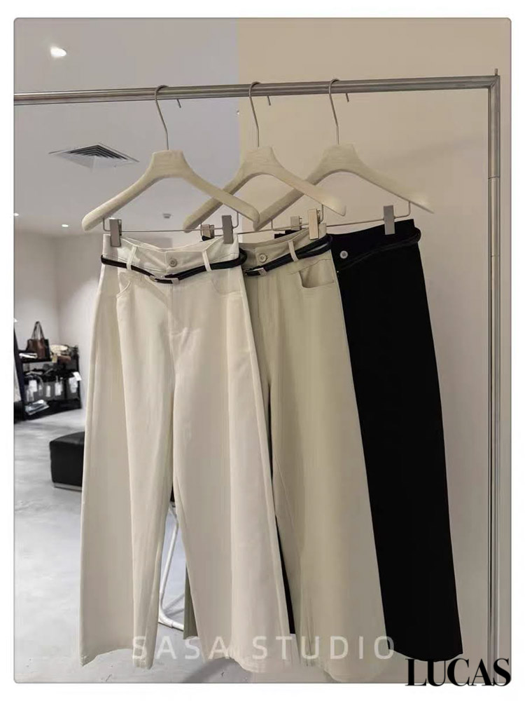 Quần kaki ống suông túi tròn + belt da đen đỉa hạ cúc trắng