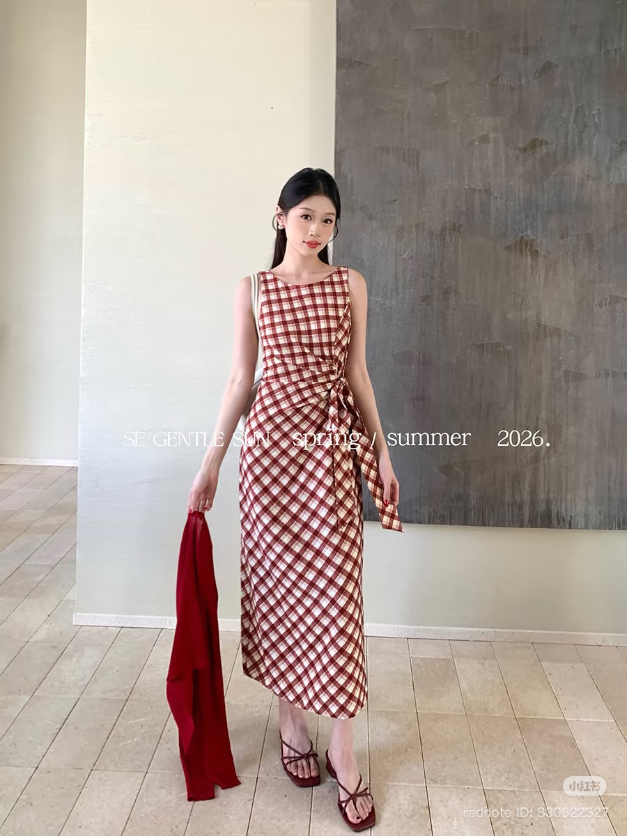 Lucas - Set váy zile caro xoắn lệch ở eo + áo cardigan_thumbnail_1