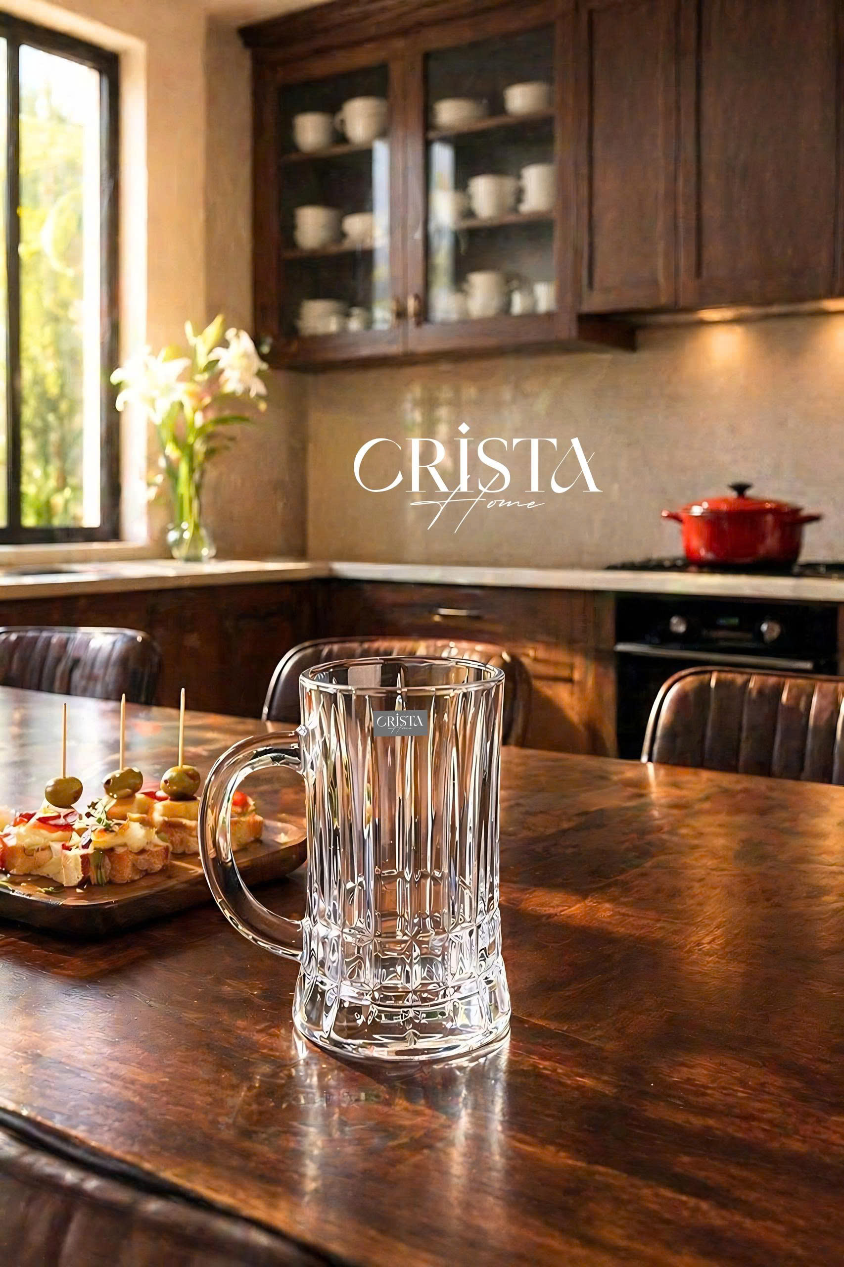 Bộ 6 cốc bia thủy tinh vân sọc có quai 550ml CRISTA HOME
