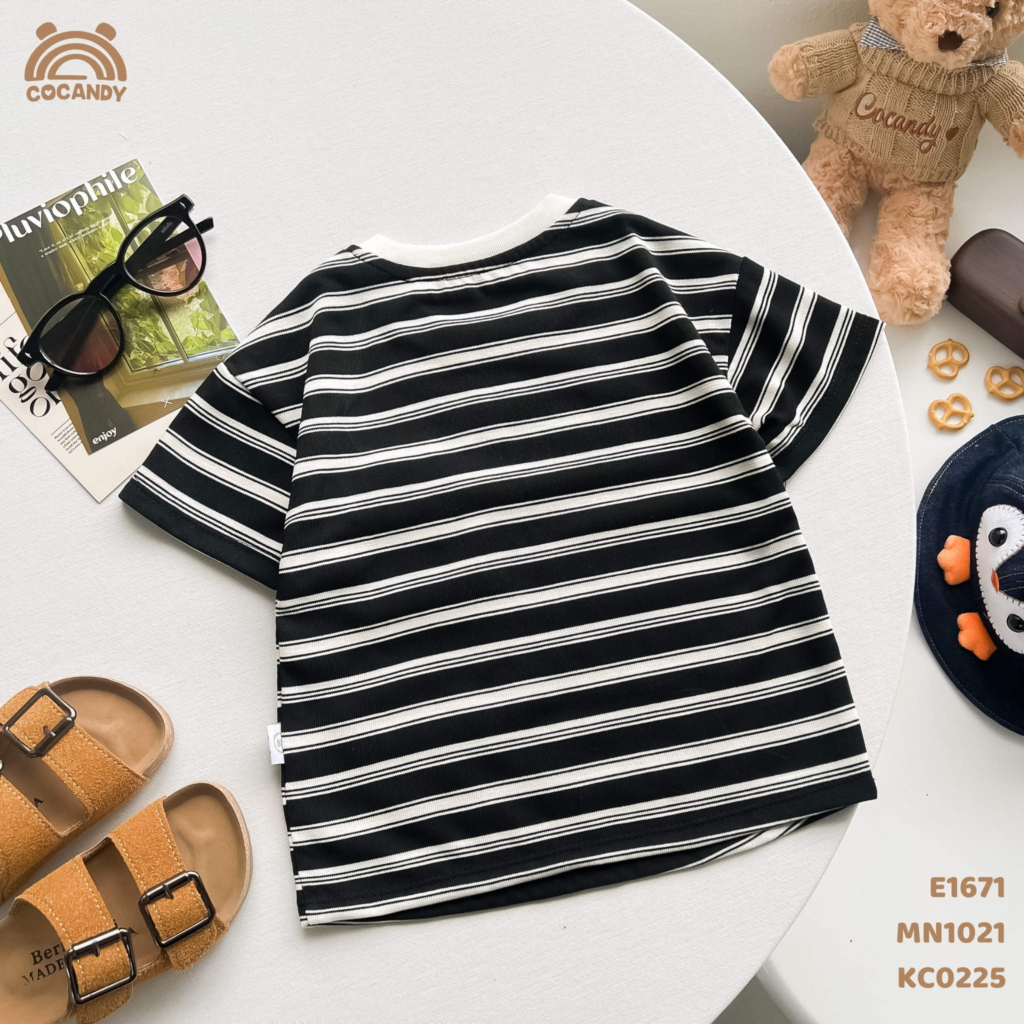 Áo cộc cotton kẻ ĐEN túi gấu_thumbnail_3