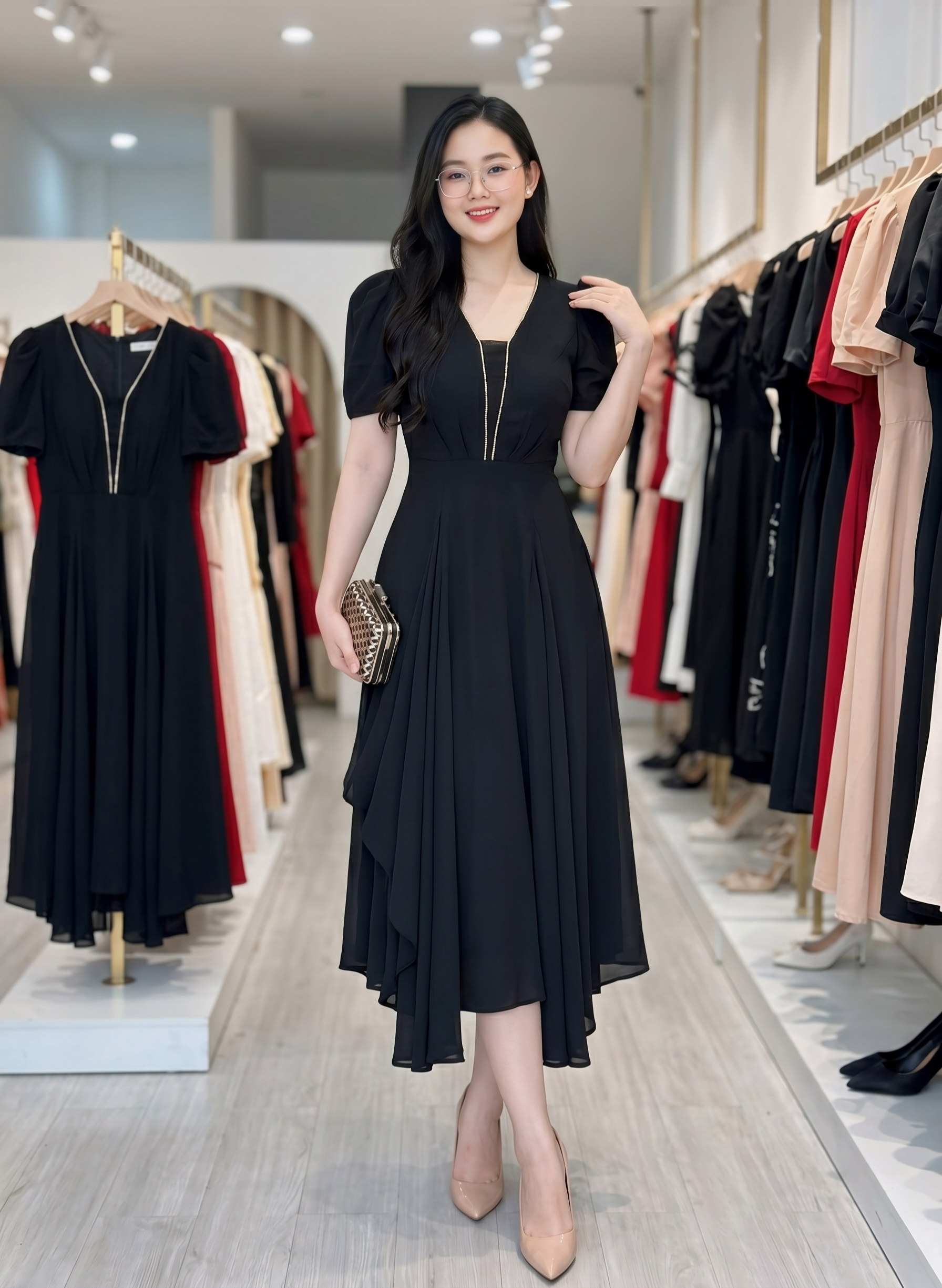 Đầm xòe thiết kế tay con cổ V phối đá_thumbnail_5