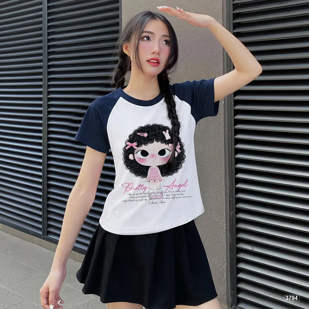 Áo babytee raglan mix màu Pretty Angel bé gái tóc xoăn phong cách Hàn Quốc Miucho 3794_thumbnail_4