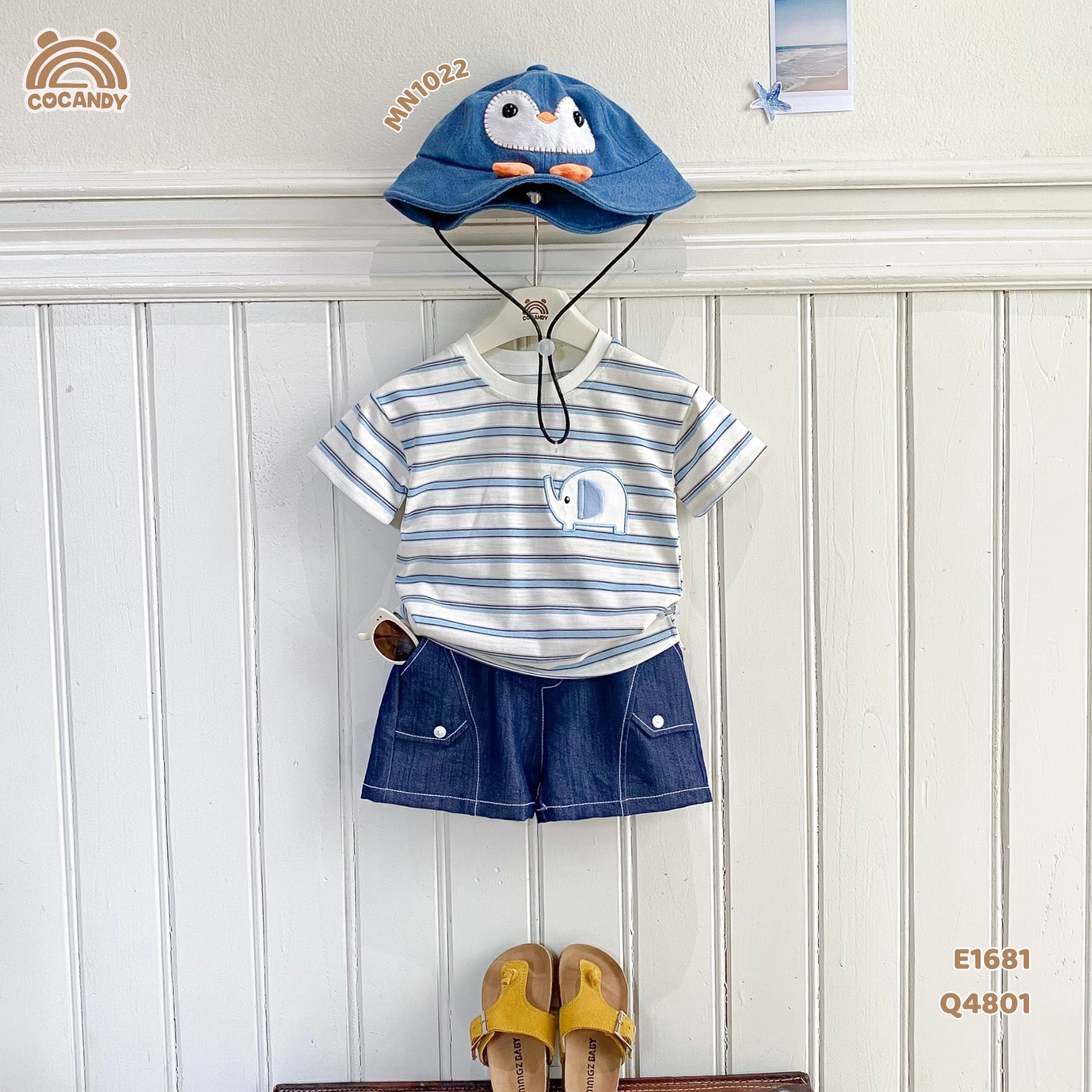 Áo cộc cotton kẻ XANH hình voi