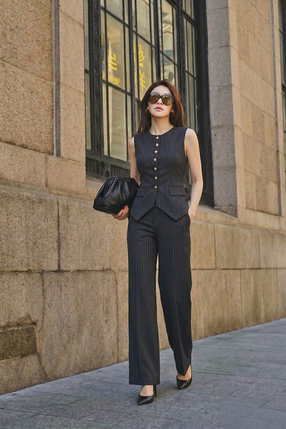 Bộ vest gile kẻ 26504 đen