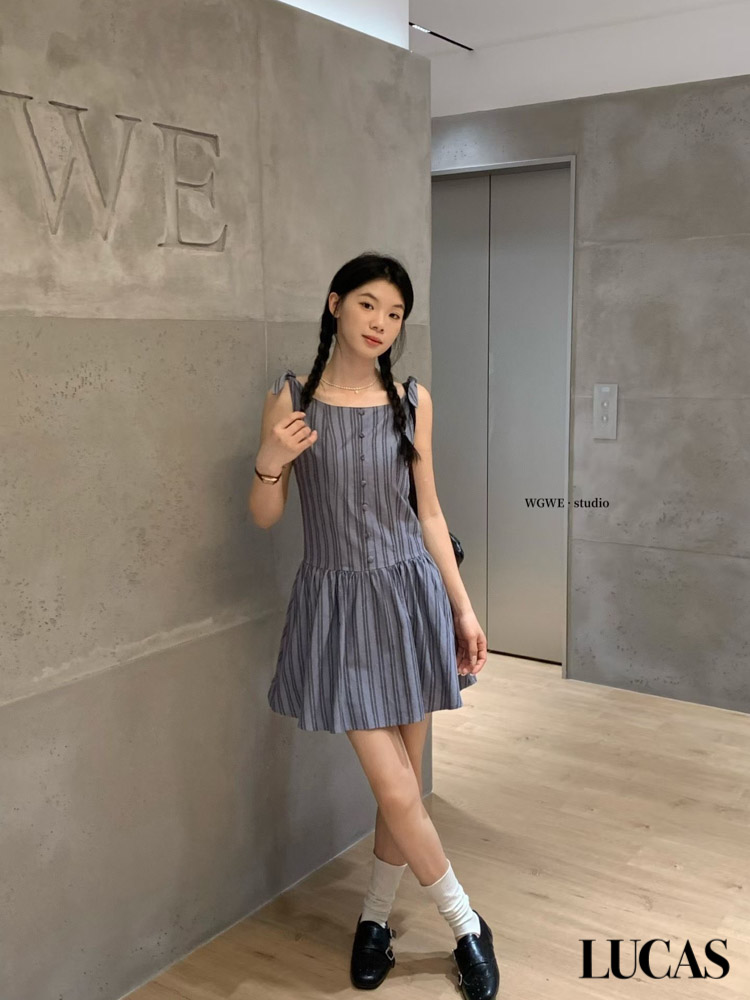 Váy thô dọc cúc bọc buộc nơ vai chân xòe hạ eo_thumbnail_2