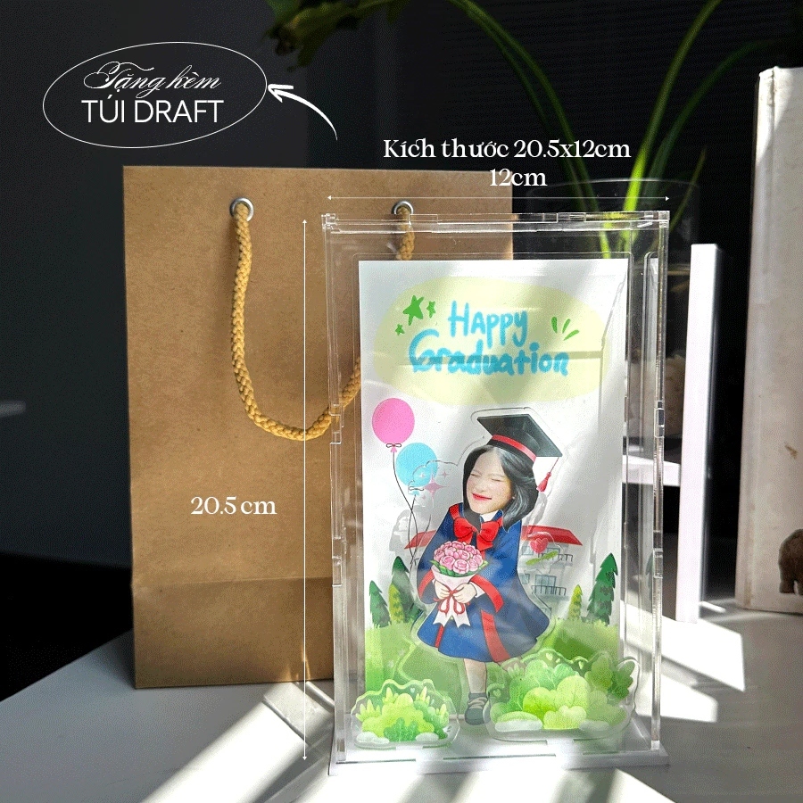 (Tặng Túi) Hộp Quà Standee 3D tặng Tốt Nghiệp - Mô Hình Mica Lắp Ghép, Decor Kỷ Niệm, In Theo Yêu Cầu, Quà tốt nghiệp