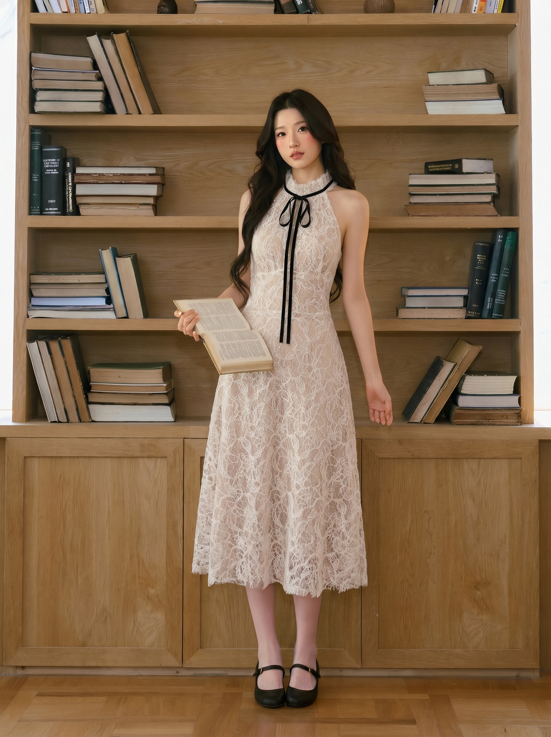 Lucas - Váy yếm ren lót be  cổ dựng nơ đen, chân váy xòe dáng dài