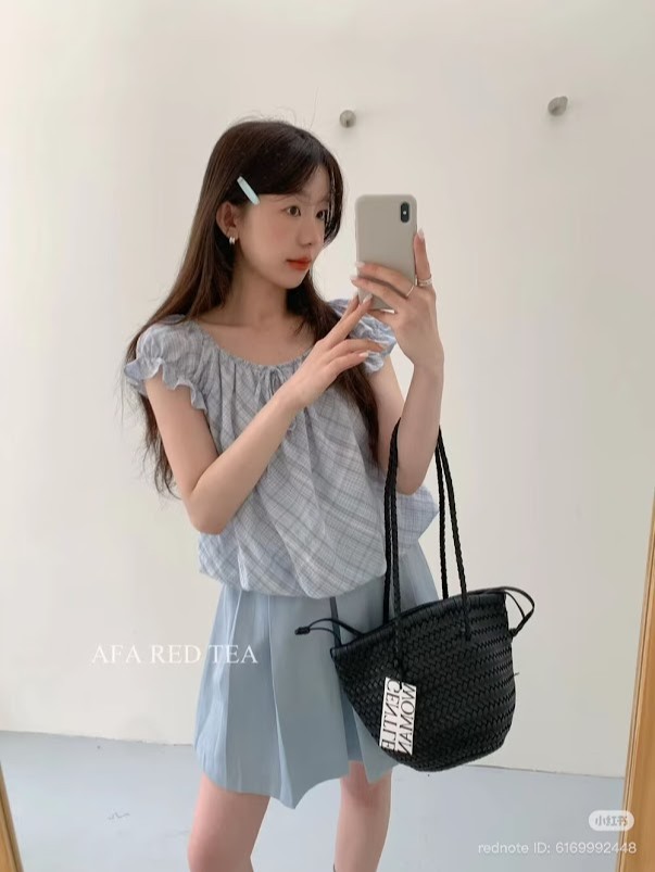 Lucas - Áo sơ mi cổ thuyền vải caro buộc nơ ngực bo gấu_thumbnail_1