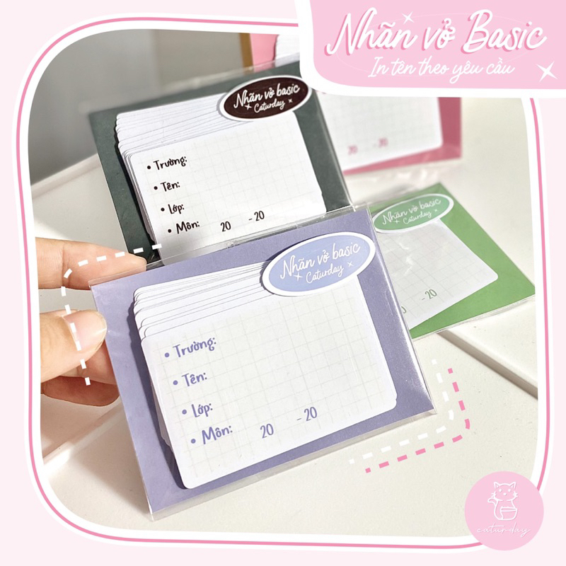 Set 24 nhãn vở BASIC PASTEL (in tên theo yêu cầu) - Made by Caturday