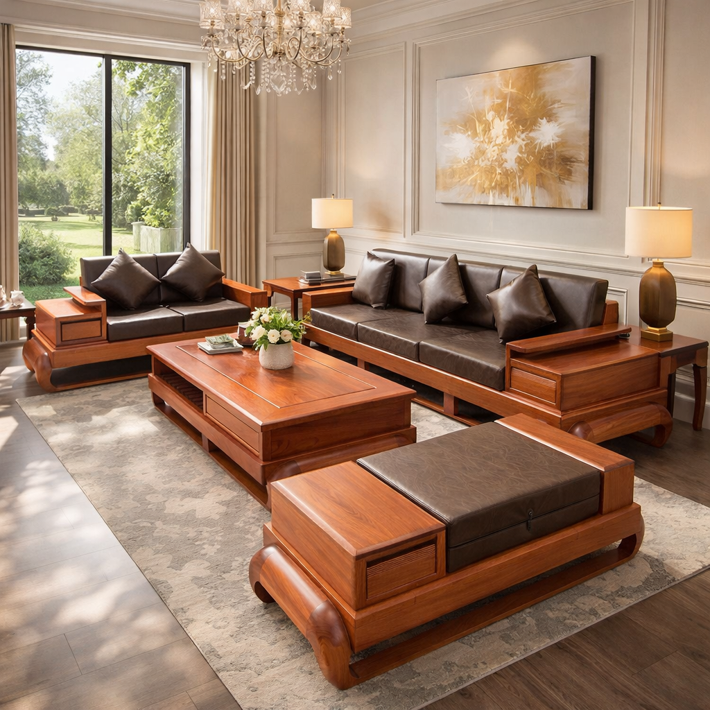 Sofa 2 văng chân gà màu gỗ hương, đệm màu đen