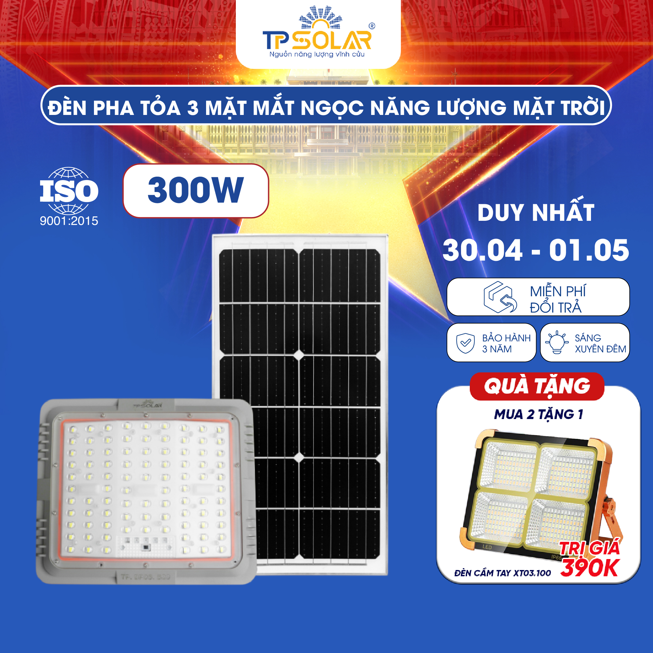 Đèn pha tỏa 3 mặt mắt ngọc năng lượng mặt trời