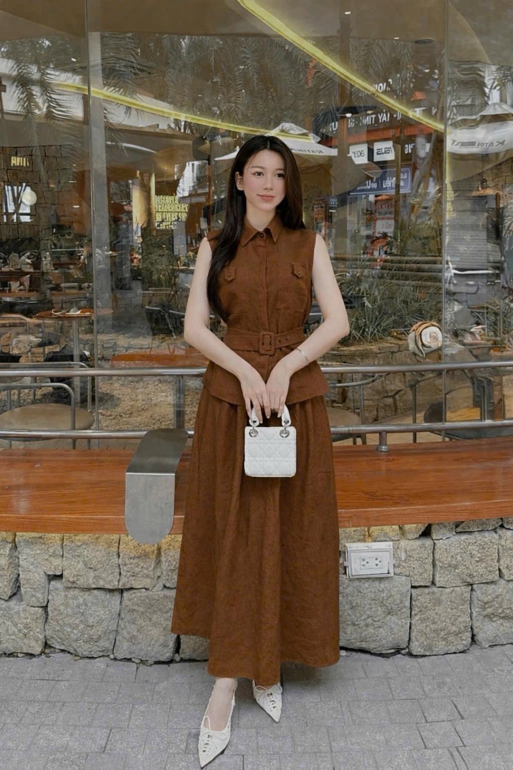 E347 SET LINEN NÂU ÁO POLO BA LỖ + CHÂN VÁY MIDI ZR