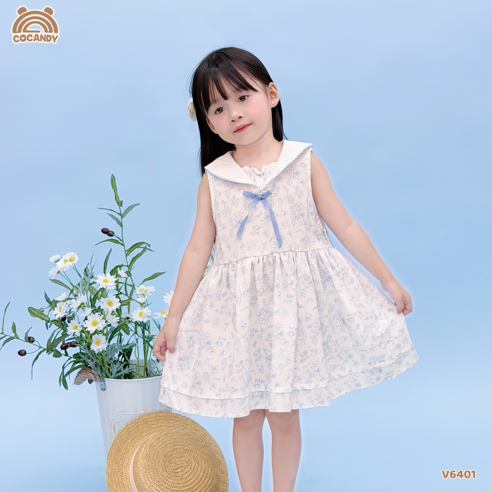 Váy sát nách linen TRẮNG hoa nhí xanh cổ nơ_thumbnail_0
