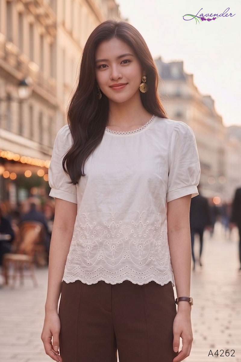 Áo sơ mi thô cổ tròn mí ren