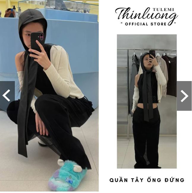 Quần tây ống suông đứng màu đen quần cạp cao chất liệu cotton lạnh quần tây nữ
