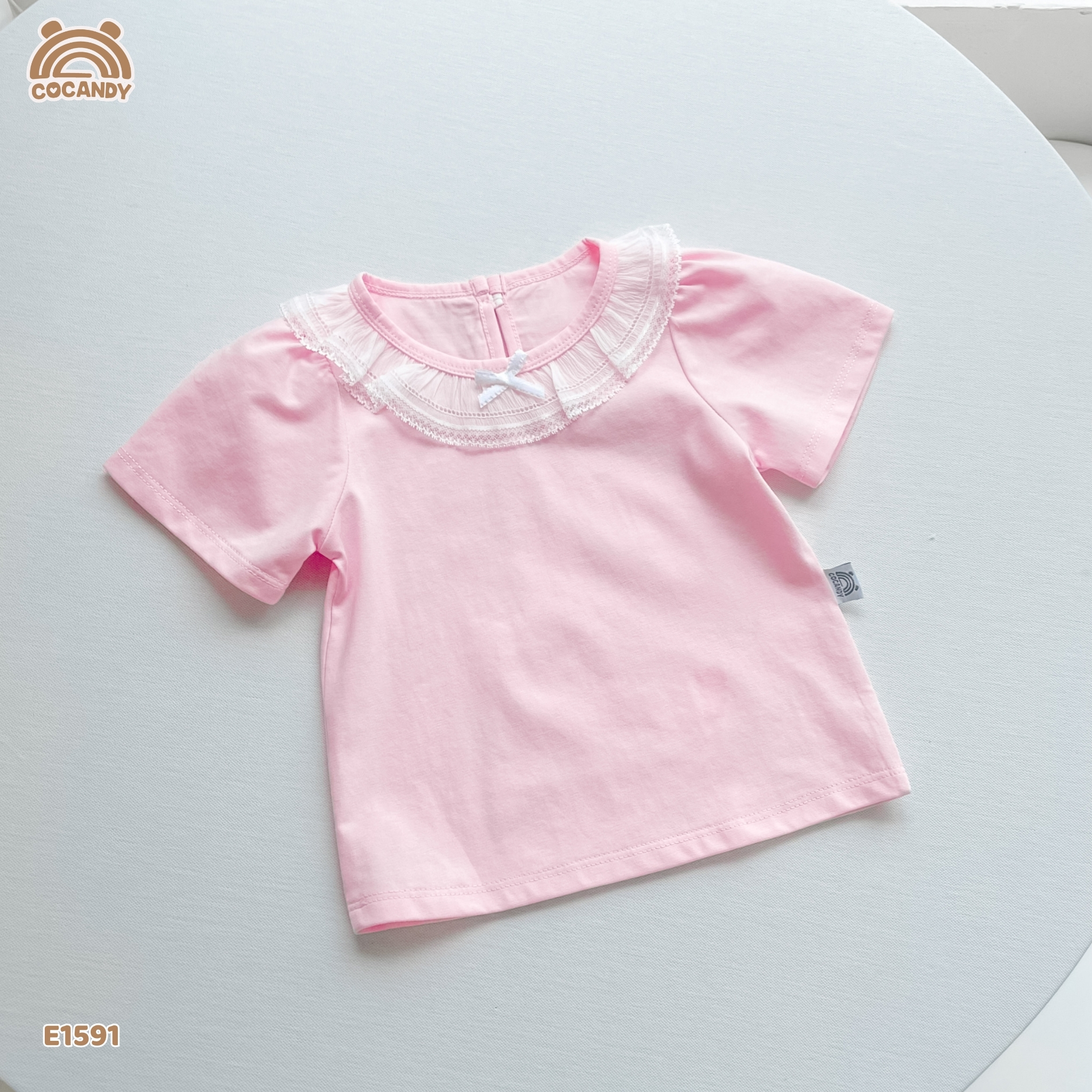 Áo cộc cotton HỒNG nhún bèo cổ phối nơ_thumbnail_1