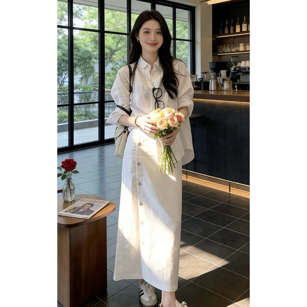 Set áo sơ mi trắng phối chân váy dài form suông, Set đồ nữ công sở thanh lịch phong cách Hàn Quốc Logastore_L102_thumbnail_2