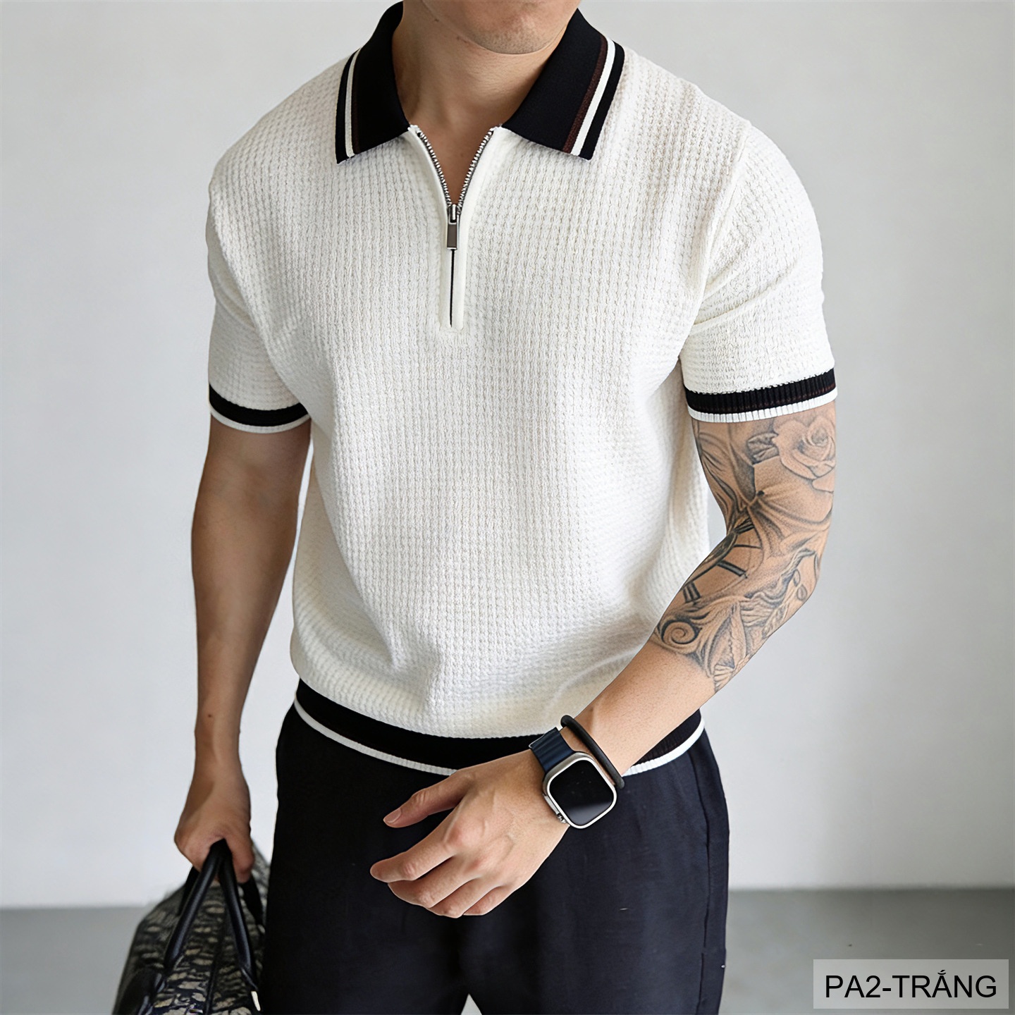 PA2 - Áo len nam tay ngắn cổ polo kiểu dệt waffle, thoáng khí, phong cách Hàn Quốc