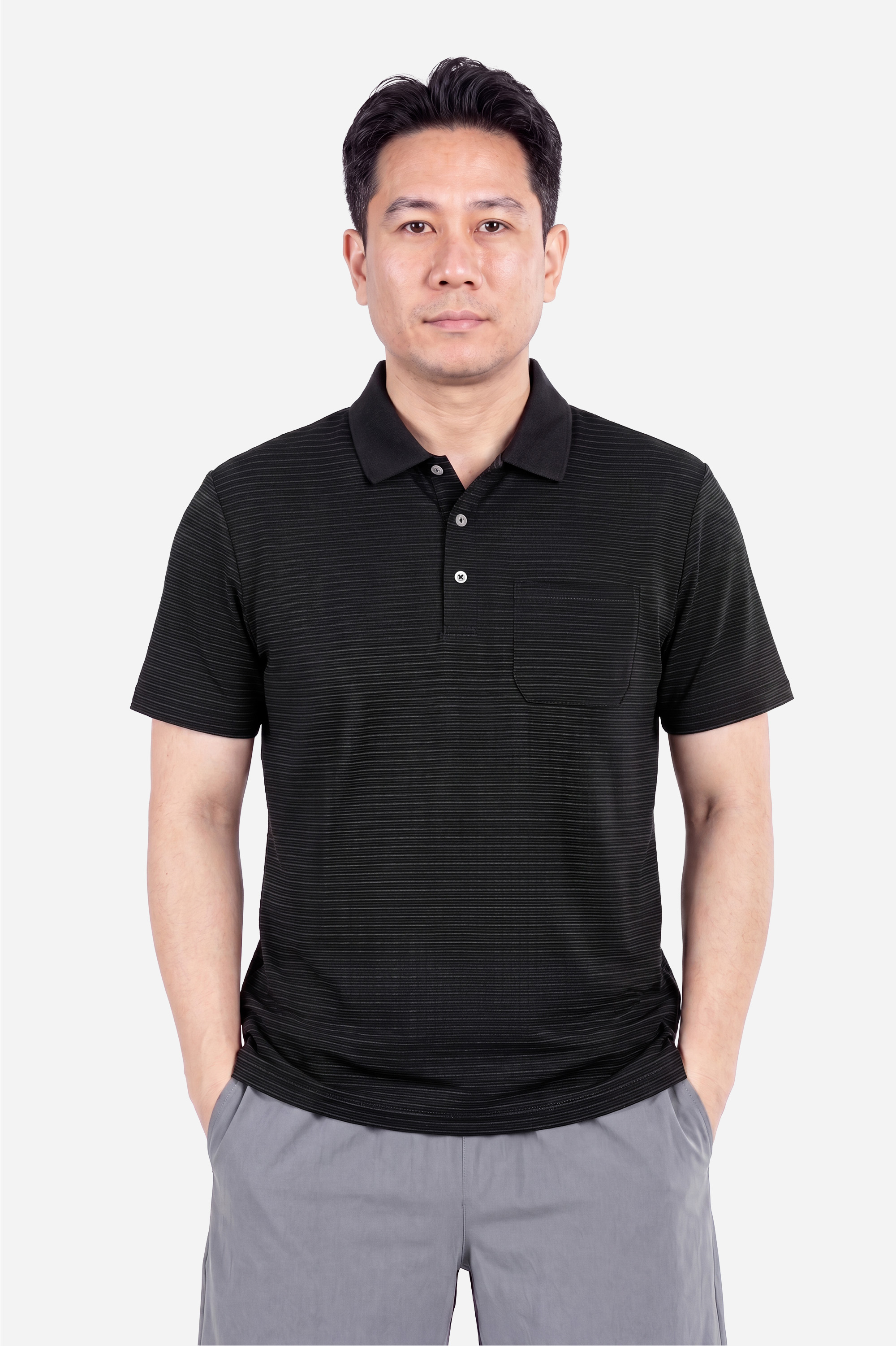 Áo Polo Cotton Túi Ngực Nam Trung Niên Phom Suông Xẻ Tà Màu Đen
