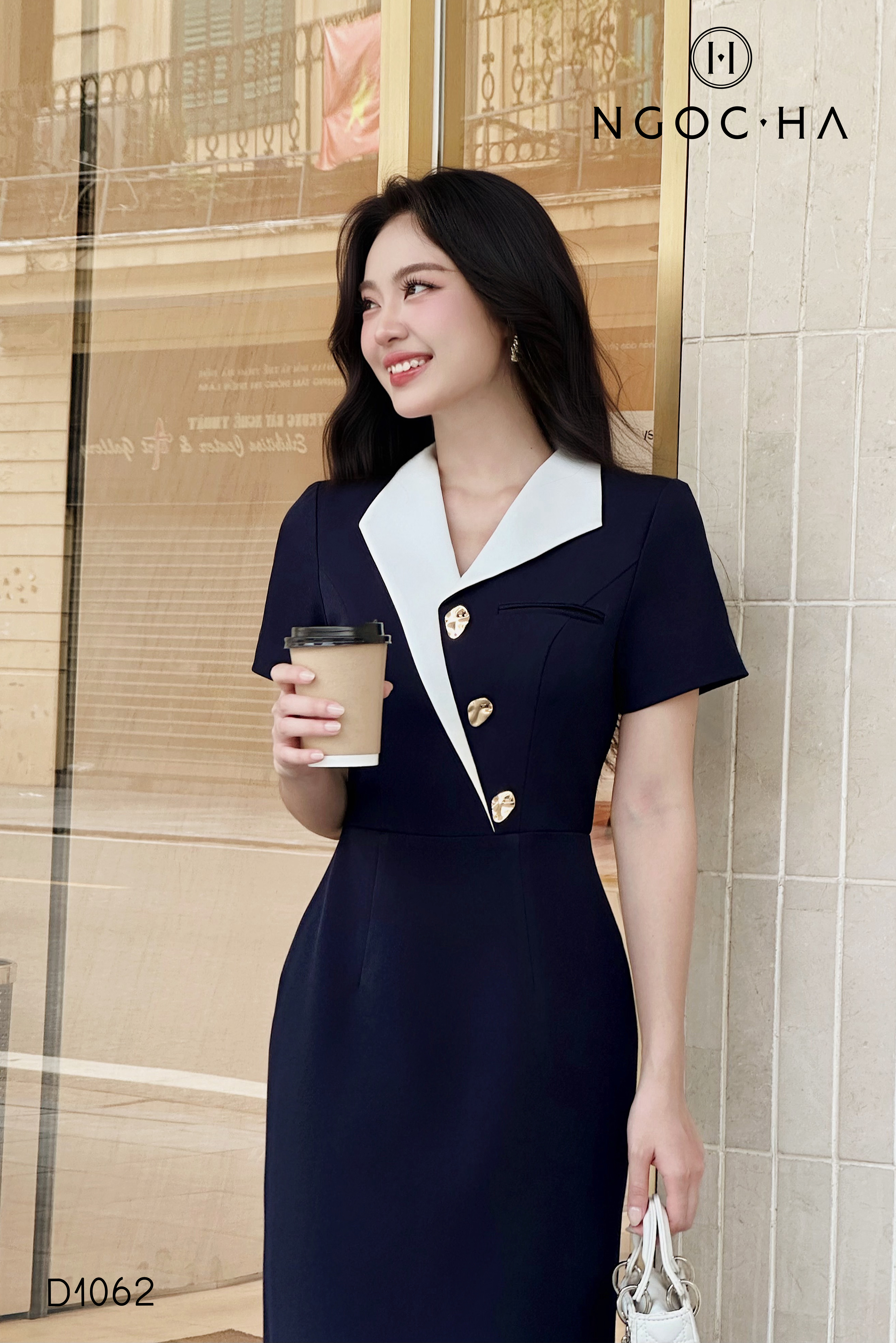 Destiny Dress_ Đầm Vest  Xanh Cổ Lệch Màu Trắng D1062