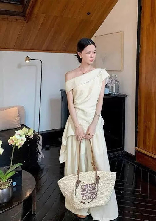 Lucas - Set áo lệch vai rúm eo vạt chéo + quần ống suông dài