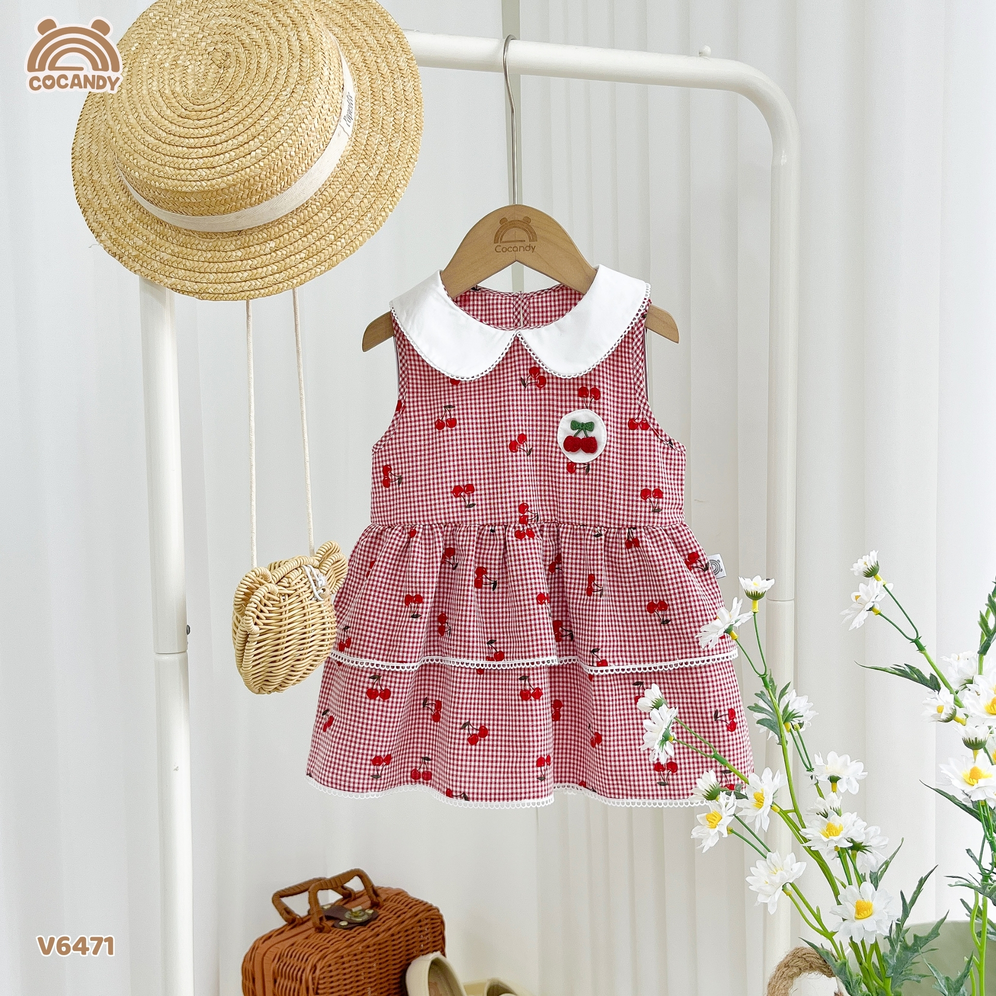 Váy sát nách thô caro ĐỎ hình cherry phối cổ sen