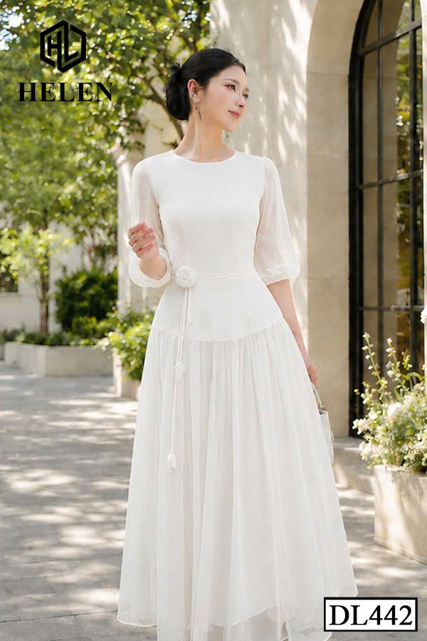 Đầm xòe liền thân màu trắng đính hoa eo DL442_thumbnail_2