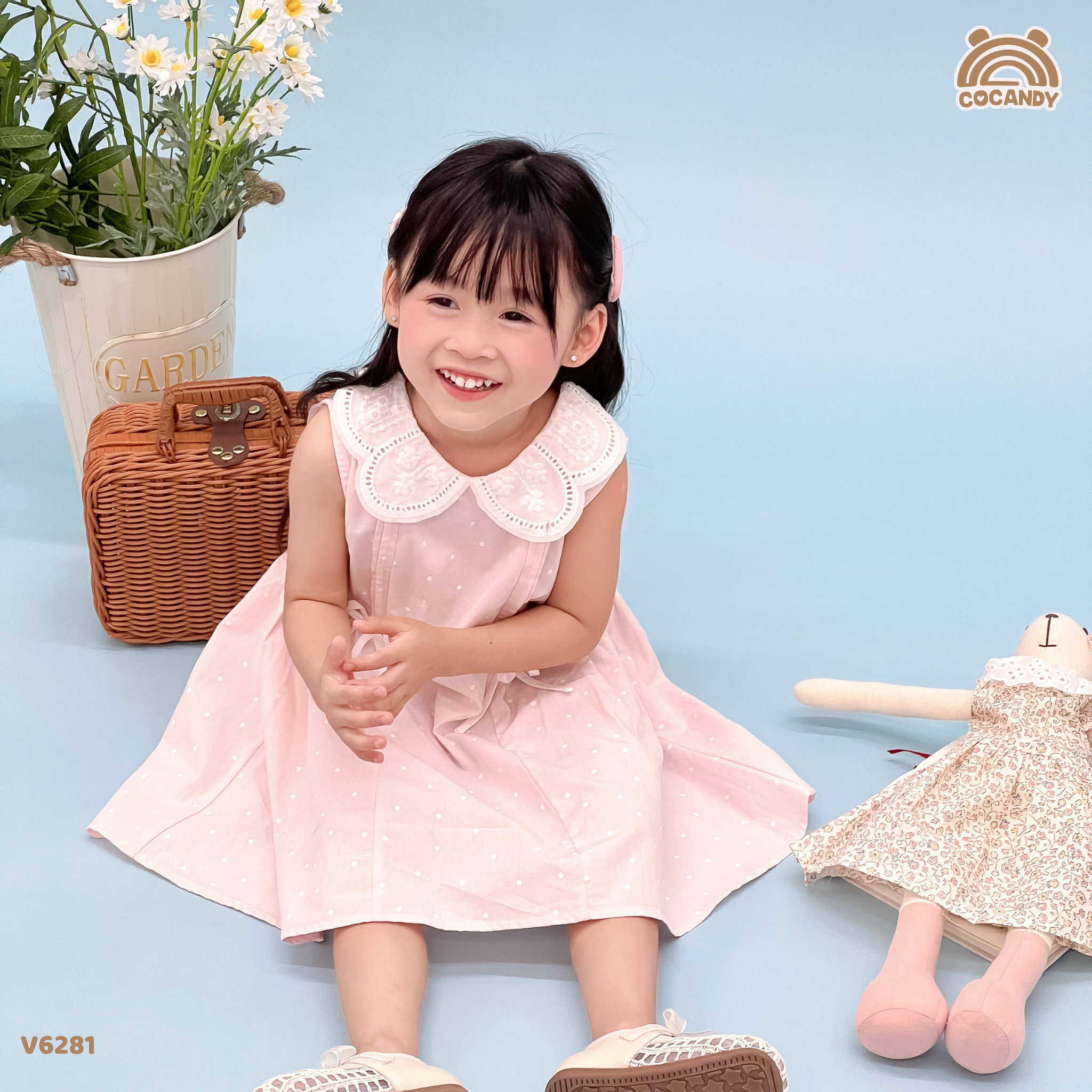 Váy sát nách HỒNG chấm bi nhún phối 2 nơ_thumbnail_1