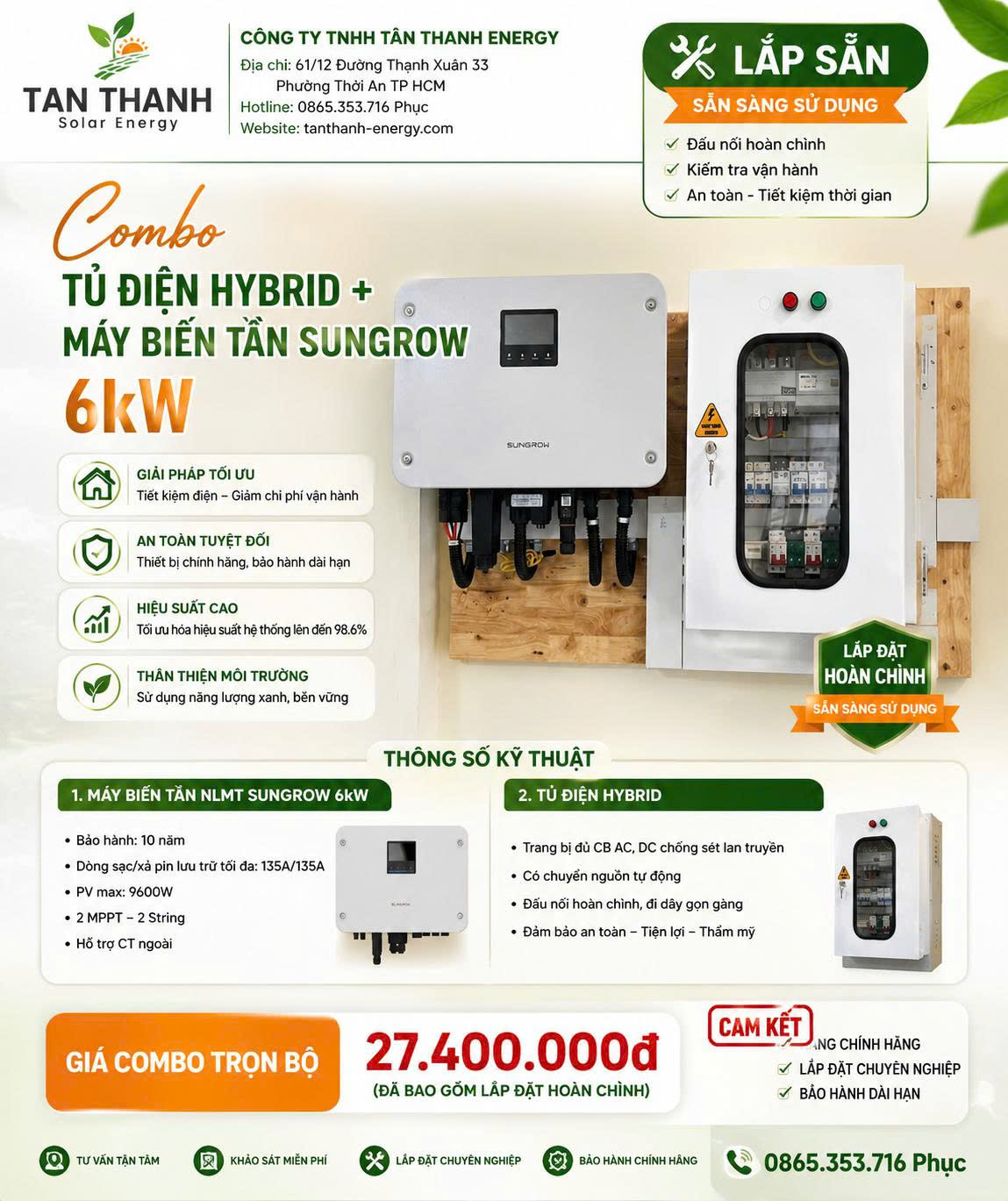 COMBO MÁY BIẾN TẦN NLMT SUNGROW 6kW + TỦ ĐIỆN HYBRID LẮP SẴN
