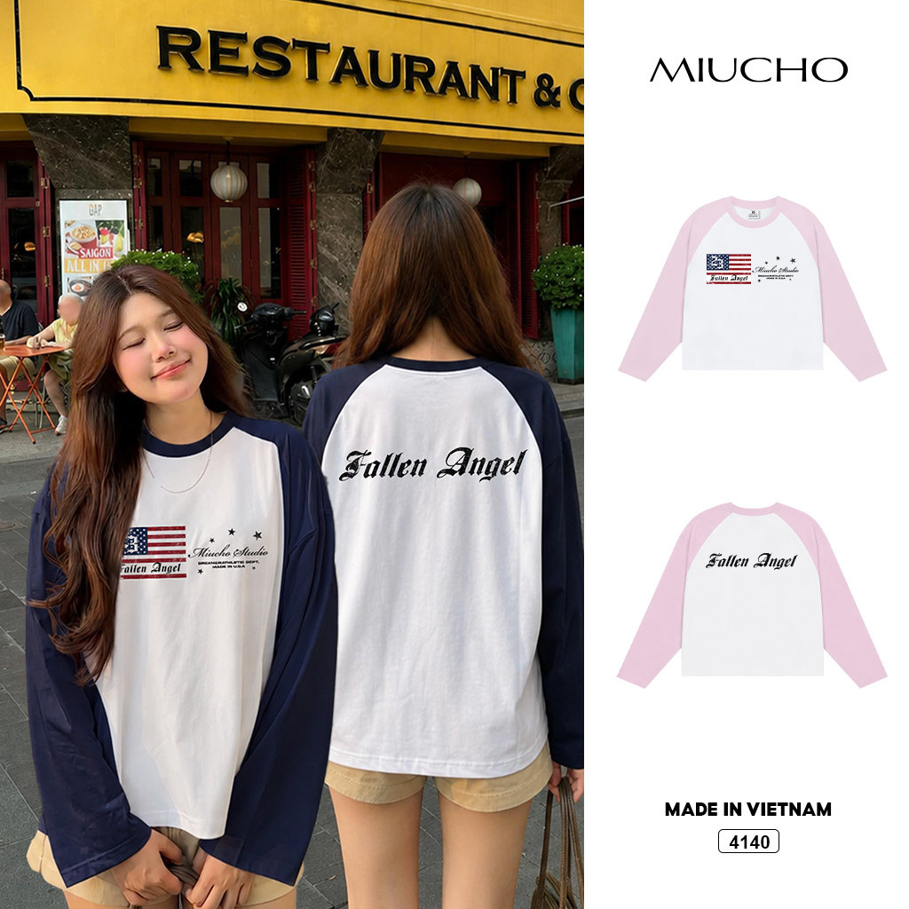 Áo thun tay dài raglan form boxy phong cách đường phố cá tính Miucho 4140