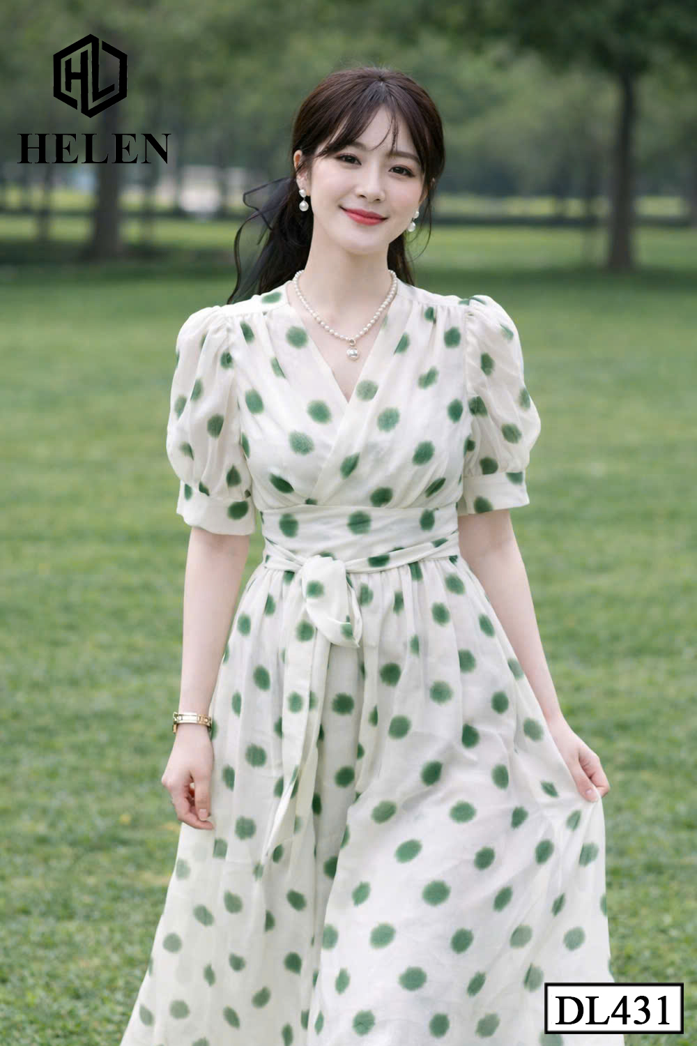 Đầm xòe chấm bi xanh nơ eo DL431_thumbnail_2