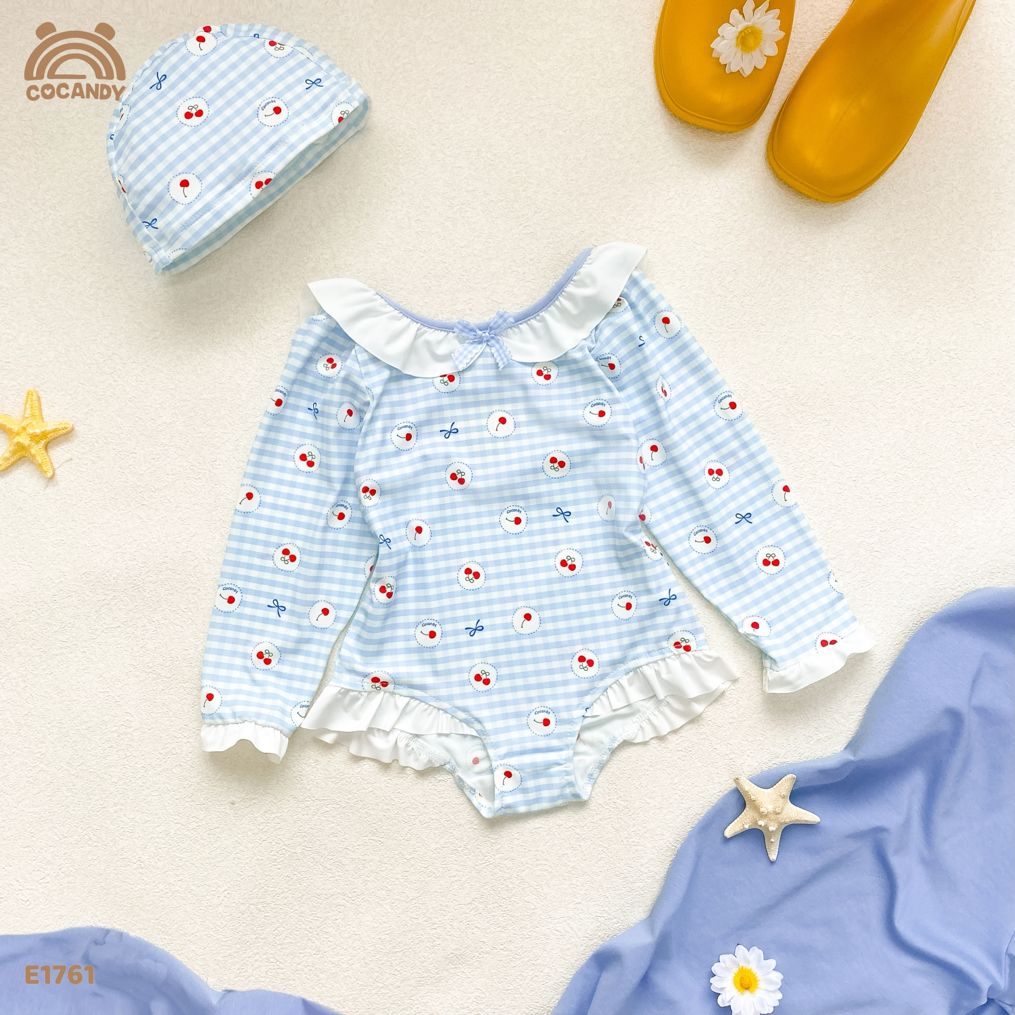 Bộ bơi dài caro XANH DƯƠNG cherry đỏ