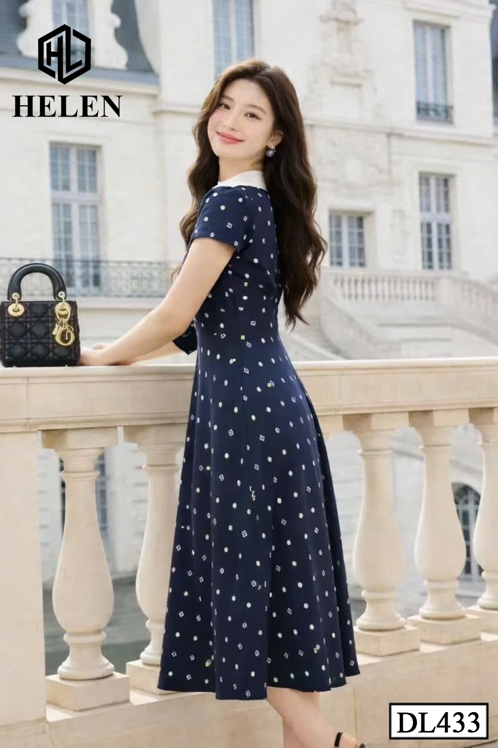 Đầm xòe XANH CHẤM phối cổ trắng DL433